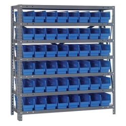 18" W x 36" L x 39" Hgt. Unit with 7 Shelves & 48 Blue Bins 17-7/8" L x 4-1/8" W x 4" Hgt.