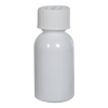 1 oz. White PET Squat Boston Round Bottle with 20/410 White Ribbed CRC Cap with F217 Liner