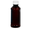 4 oz. Modern Round Amber PET Bottle with 24/400 White Ribbed CRC Cap with F217 Liner