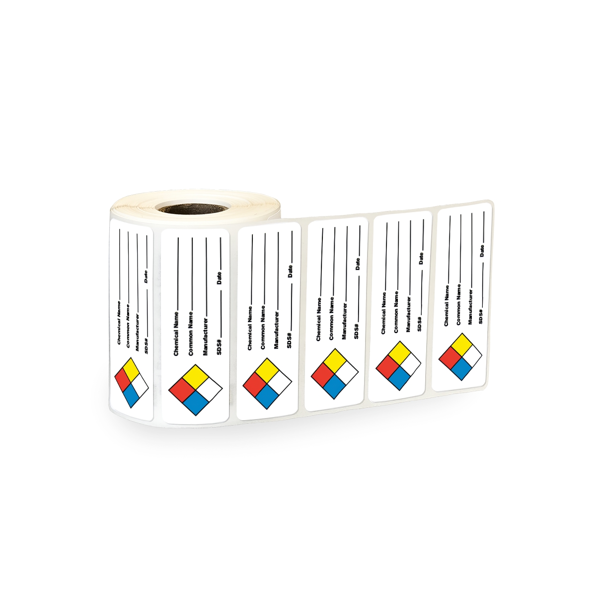 "Chemical Name __," "Common Name __," "Manufacturer __," "SDS # __" & "Date __" Rectangular Water-Resistant Polypropylene Write-On Label - 3" x 1"