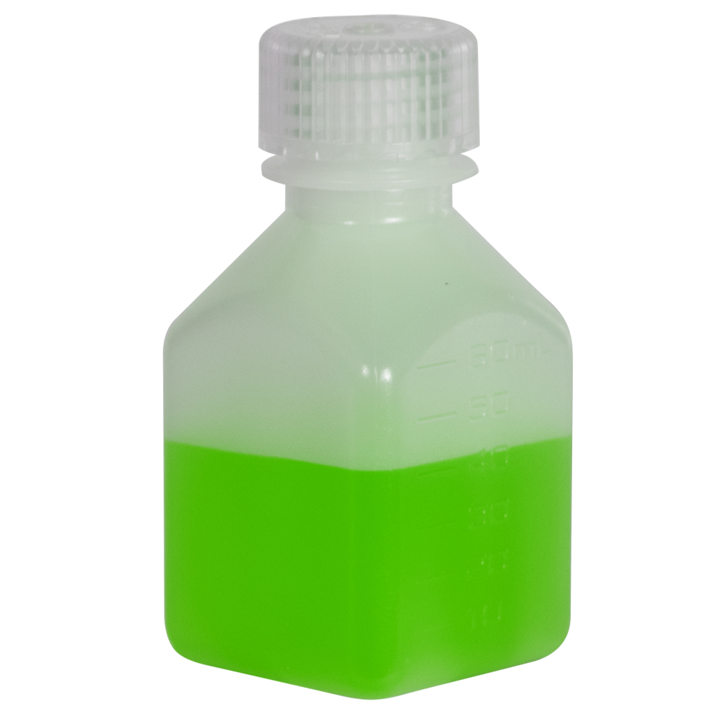 2 oz./60mL Nalgene™ Narrow Mouth Polyethylene Square Bottle with 24mm Cap