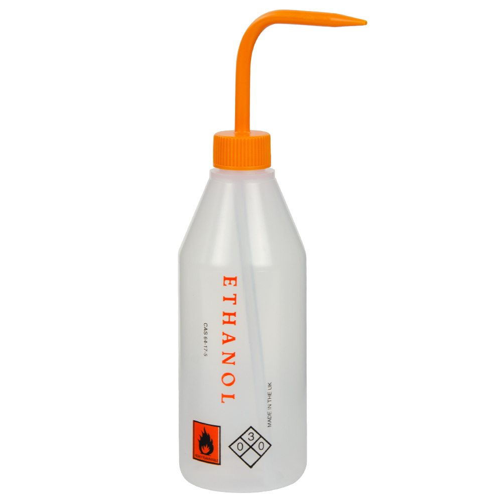 500mL Ethanol Labeled Sloping Shoulder Wash Bottle with Orange Dispensing Nozzle U.S. Plastic