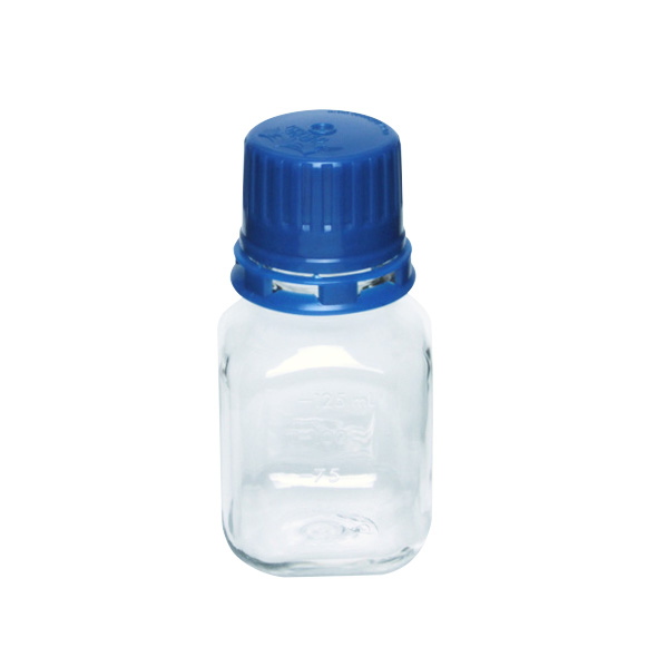 125mL PETG Graduated Square Sterile Bottles with 38/430 Blue Tamper