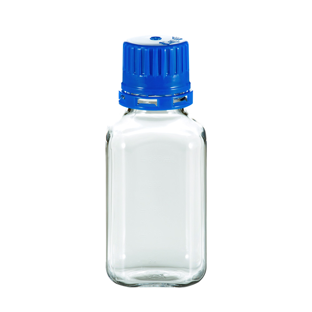 250mL PETG Graduated Square Sterile Bottles with 38/430 Blue Tamper