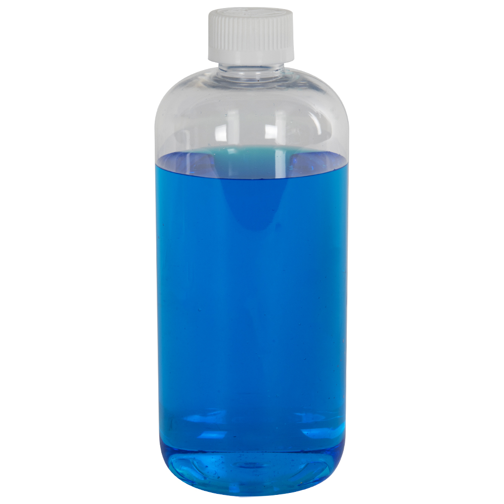 16 oz. Clear PET Traditional Boston Round Bottle with 24/410 White Ribbed CRC Cap with F217 Liner