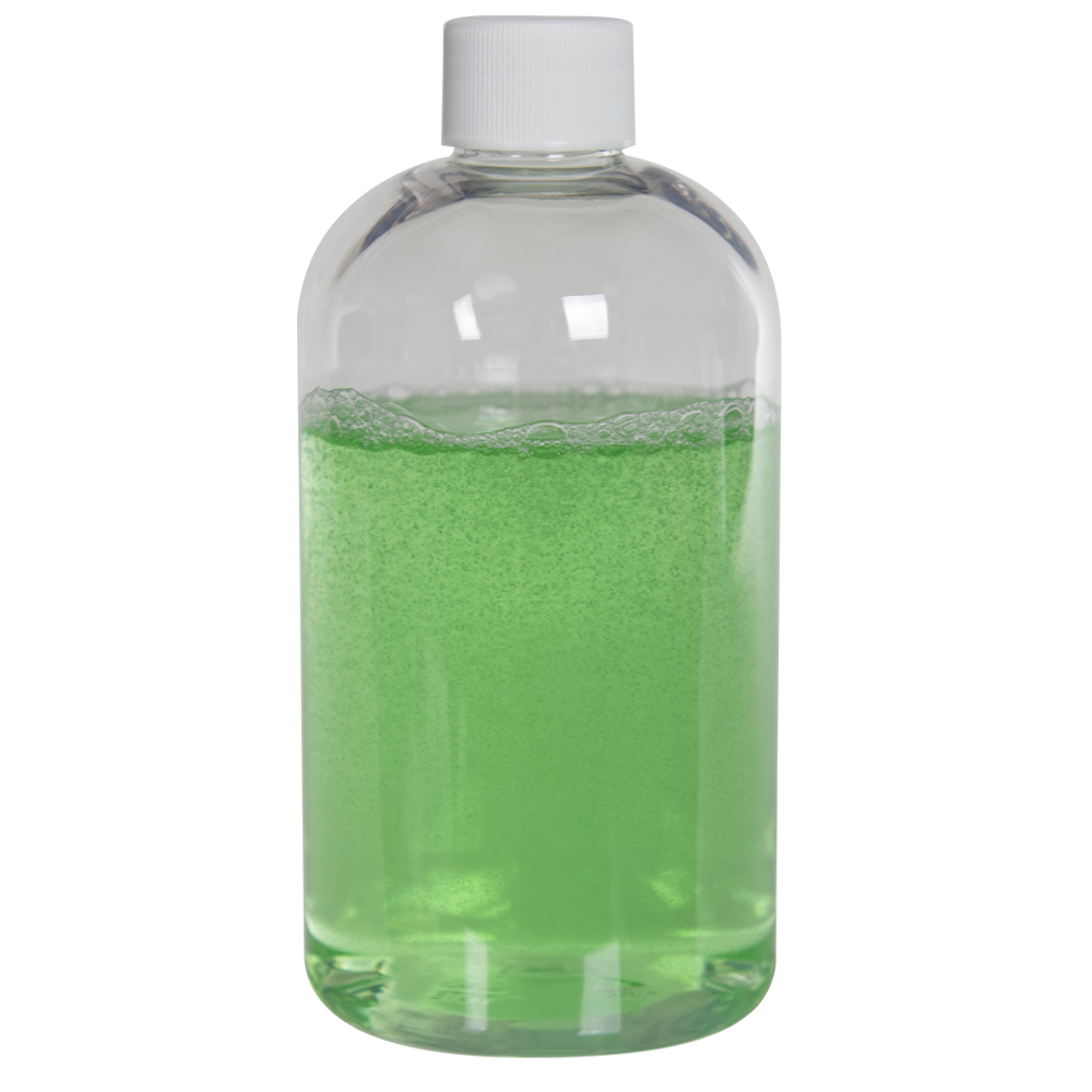 8 oz. Clear PET Squat Boston Round Bottle with 24/410 White Ribbed Cap with F217 Liner