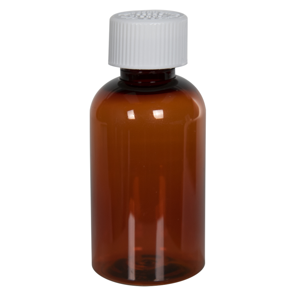 2 oz. Clarified Amber PET Squat Boston Round Bottle with 20/410 White Ribbed CRC Cap with F217 Liner