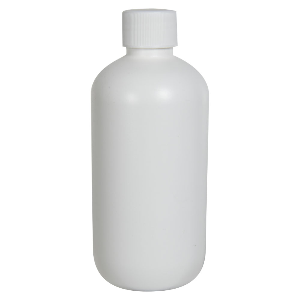 8 oz. White HDPE Boston Round Bottle with 24/410 White Ribbed Cap with F217 Liner