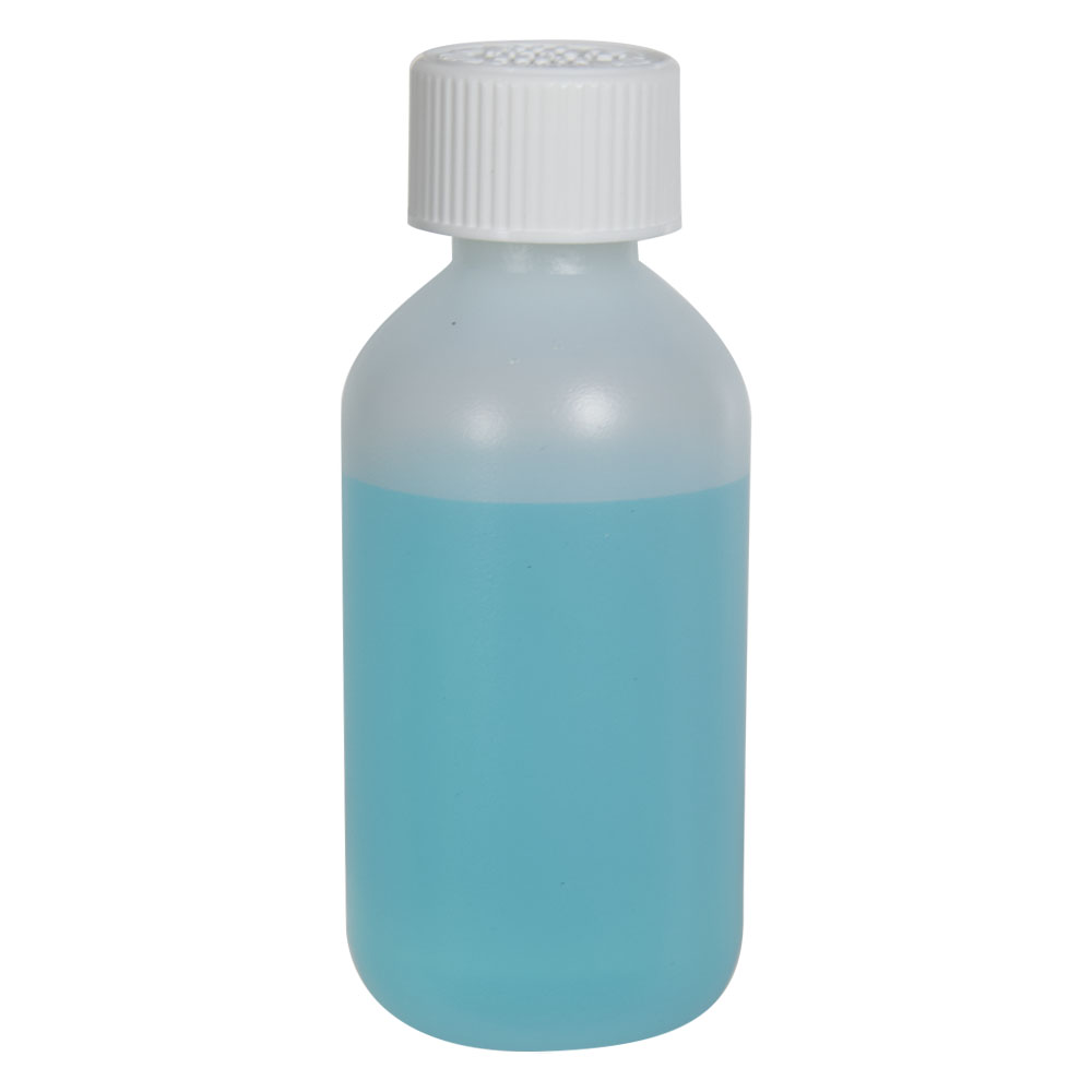 2 oz. Natural HDPE Boston Round Bottle with 20/410 White Ribbed CRC Cap with F217 Liner
