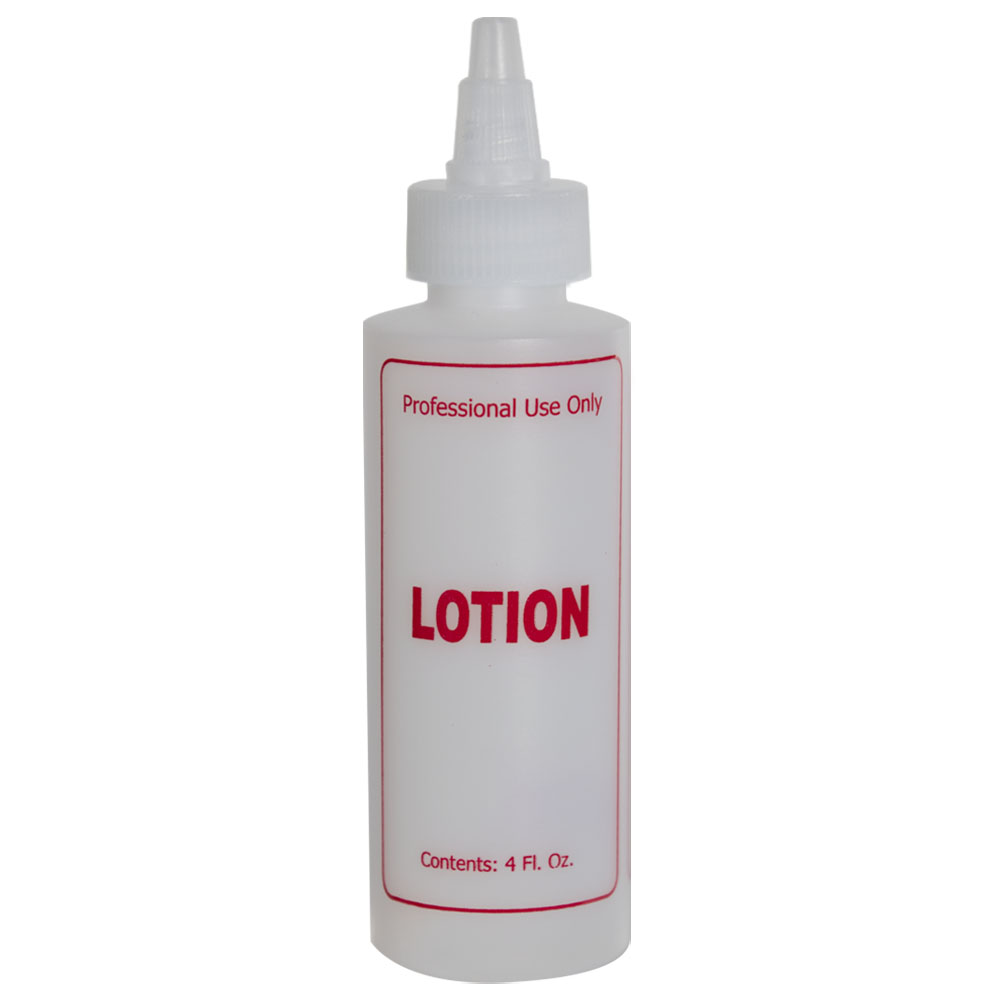 4 oz. Natural HDPE Cylinder Bottle with 24/410 Twist Open/Close Cap & Red "Lotion" Embossed