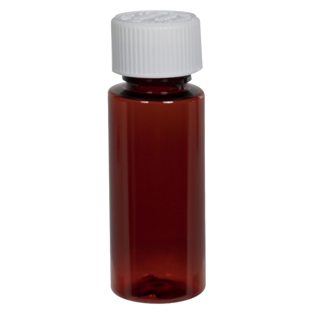 1 oz. Amber PET Cylindrical Bottle with 20/410 White Ribbed CRC Cap with F217 Liner