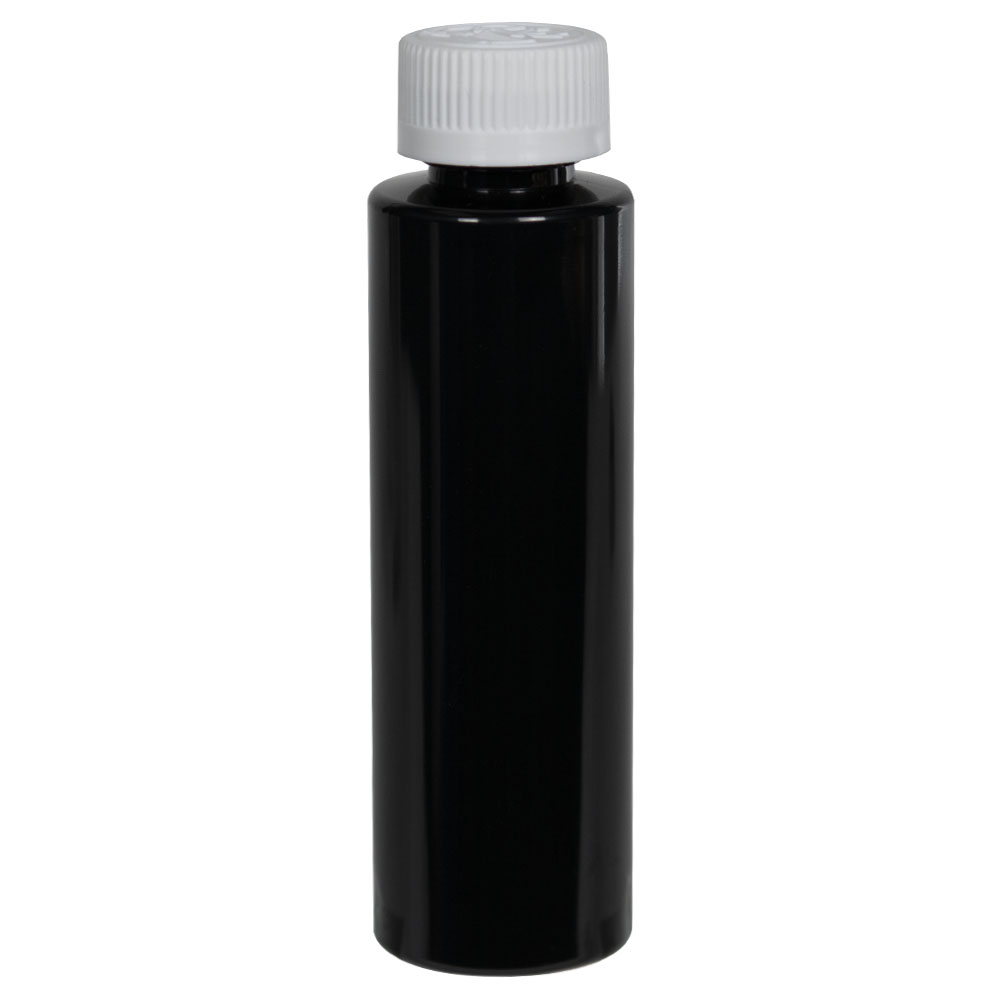 4 oz. Black PET Cylindrical Bottle with 24/410 White Ribbed CRC Cap with F217 Liner