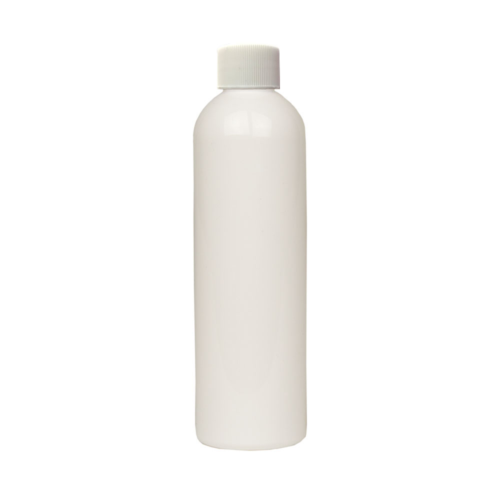 4 oz. White PET Cosmo Round Bottle with 20/410 White Ribbed Cap with F217 Liner