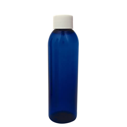 6 oz. Cobalt Blue PET Cosmo Round Bottle with 24/410 White Ribbed Cap with F217 Liner