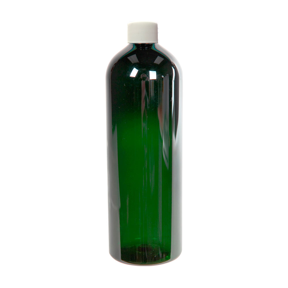 16 oz. Dark Green PET Cosmo Round Bottle with 24/410 White Ribbed Cap with F217 Liner