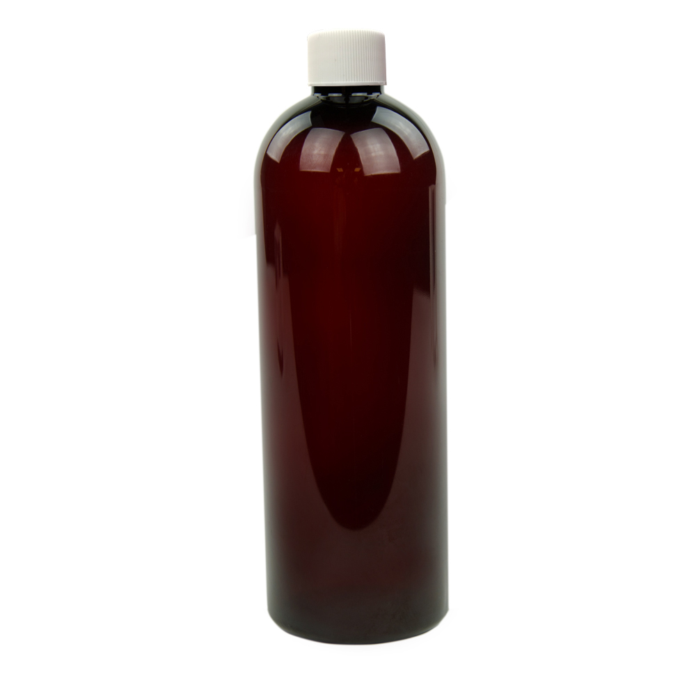 32 oz. Light Amber PET Cosmo Round Bottle with 28/410 White Ribbed Cap with F217 Liner