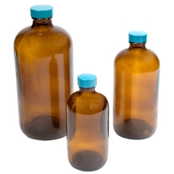16 oz. Amber Plastic-Coated Glass Bottle with 28/400 Cap with F217 & PTFE Liner