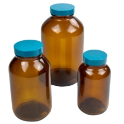 17 oz. Safety-Coated Amber Glass Wide Mouth Bottle with 53/400 Cap with F217 & PTFE Liner
