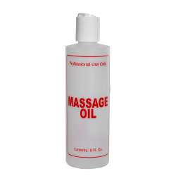 8 oz. Natural HDPE Cylinder Bottle with 24/410 White Dispensing Disc-Top Cap & Red "Massage Oil" Embossed