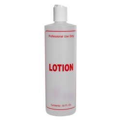 16 oz. Natural HDPE Cylinder Bottle with 24/410 White Disc Top Cap & Red "Lotion" Embossed