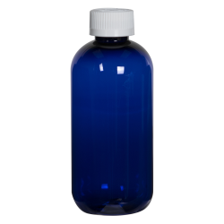 8 oz. Cobalt Blue PET Traditional Boston Round Bottle with 24/410 White Ribbed CRC Cap with F217 Liner