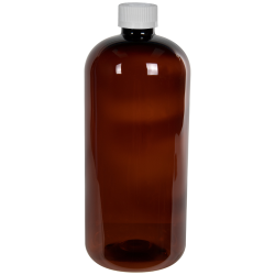 32 oz. Light Amber PET Traditional Boston Round Bottle with 28/410 White Ribbed CRC Cap with F217 Liner