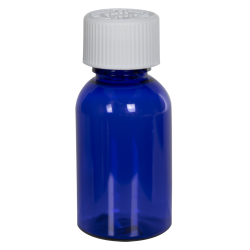 1 oz. Cobalt Blue PET Squat Boston Round Bottle with 20/410 White Ribbed CRC Cap with F217 Liner