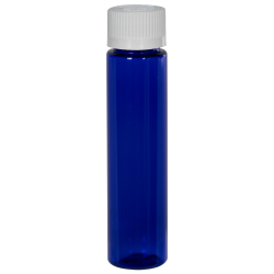 1 oz. Cobalt Blue Slim PET Cylinder Bottle with 20/410 White Ribbed CRC Cap with F217 Liner