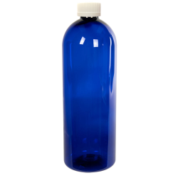 32 oz. Cobalt Blue PET Cosmo Round Bottle with 28/410 White Ribbed CRC Cap with F217 Liner