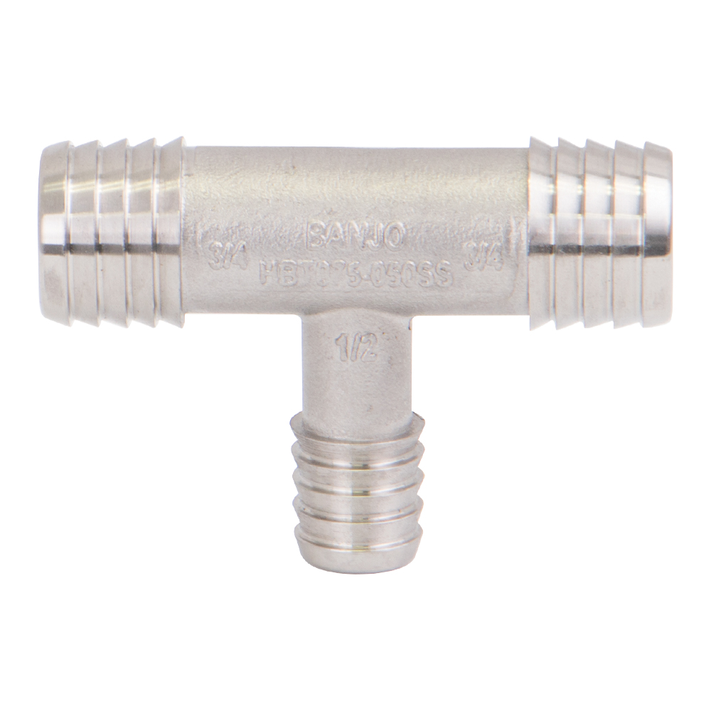 3/4" Hose Barb x 3/4" Hose Barb x 1/2" Hose Barb Stainless Steel Tee