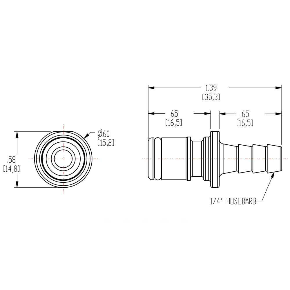 1/4" In-line Hose Barb APC Series Acetal Male Insert - Straight Thru (Body Sold Separately)