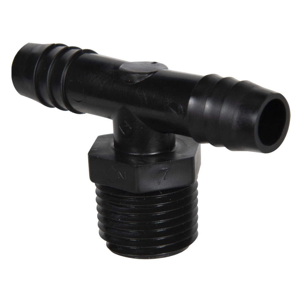 1/2" NPT x 1/2" Hose ID x 1/2" Hose ID Black HDPE Tee