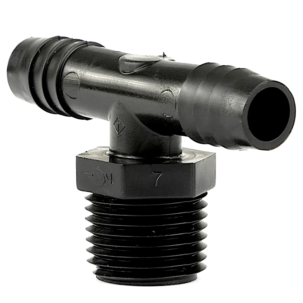 1/2" NPT x 1/2" Hose ID x 1/2" Hose ID Black HDPE Tee