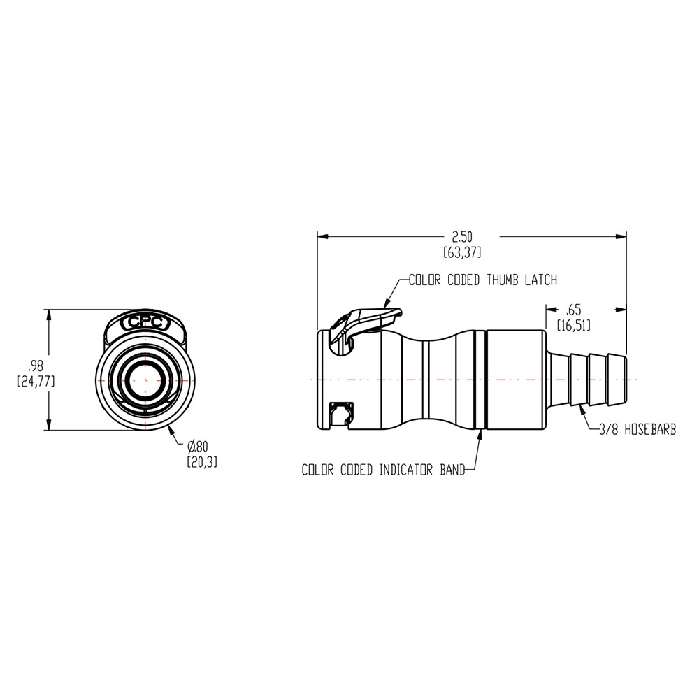 3/8" Hose Barb LQ4 Chrome-Plated Brass Valved Body - Red (Insert Sold Separately)