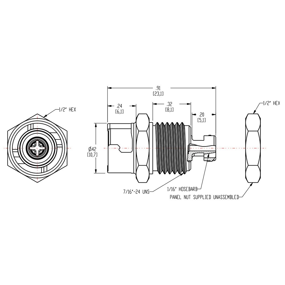 1/16" Hose Barb SMC Series Subminiature Acetal Panel Mount Coupling Body - Straight Thru (Insert Sold Separately)