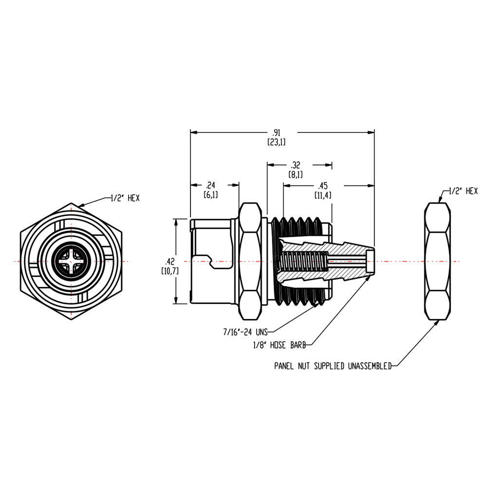 1/8" Hose Barb SMC Series Subminiature Acetal Panel Mount Coupling Body - Shutoff (Insert Sold Separately)