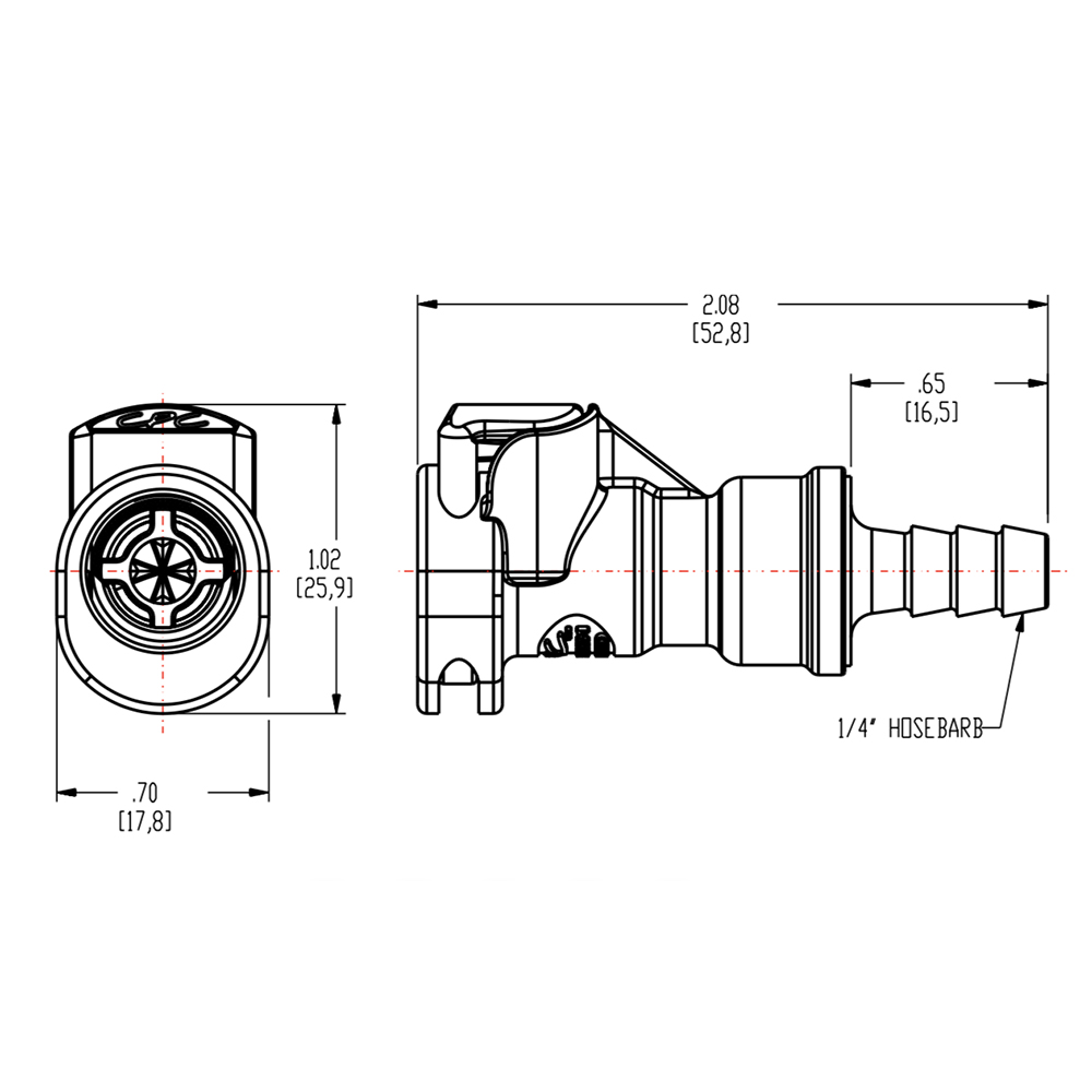 1/4" In-line Hose Barb APC Series Acetal Coupling Body w/Shroud - Shutoff (Insert Sold Separately)