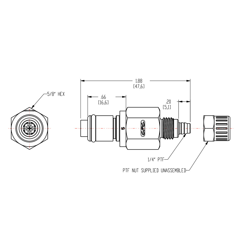 1/4" In-Line Ferruleless PTF PLC Series Acetal Insert - Shutoff (Body Sold Separately)