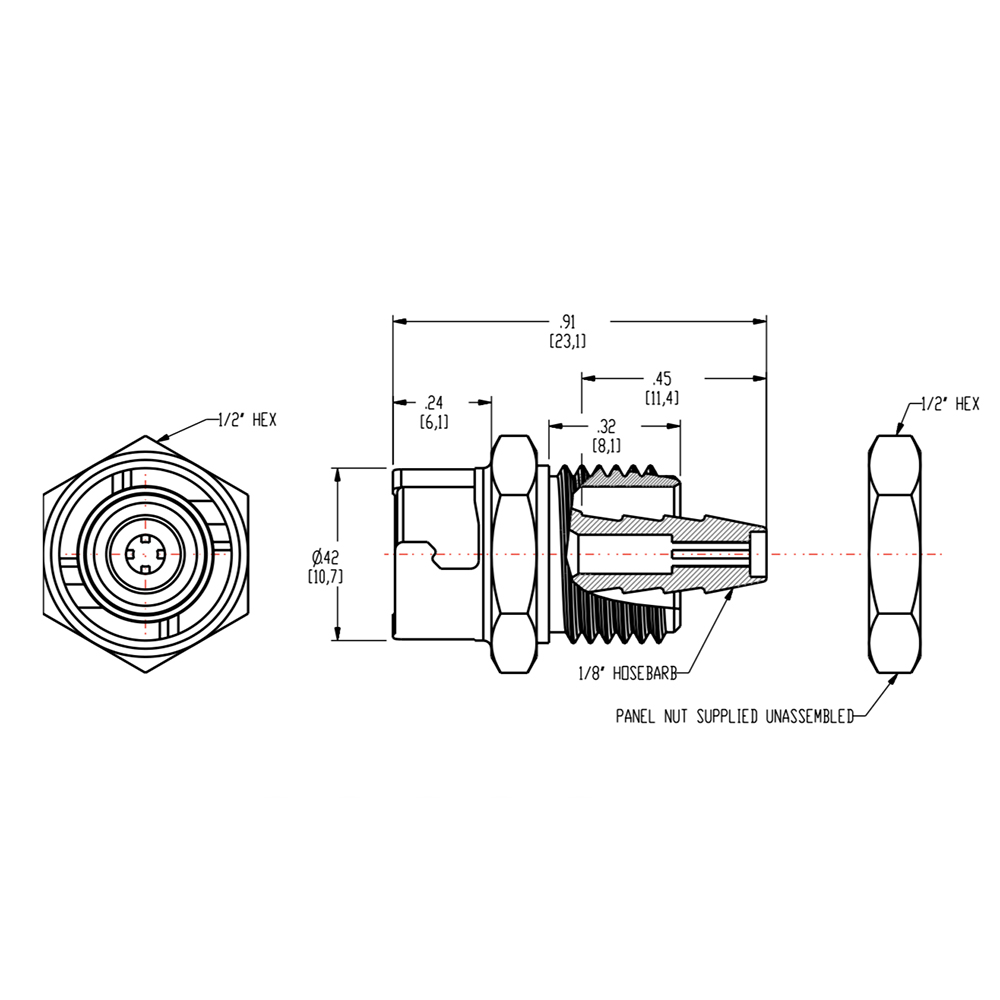1/8" Hose Barb SMC Series Subminiature Acetal Black Panel Mount Coupling Body - Straight Thru (Insert Sold Separately)