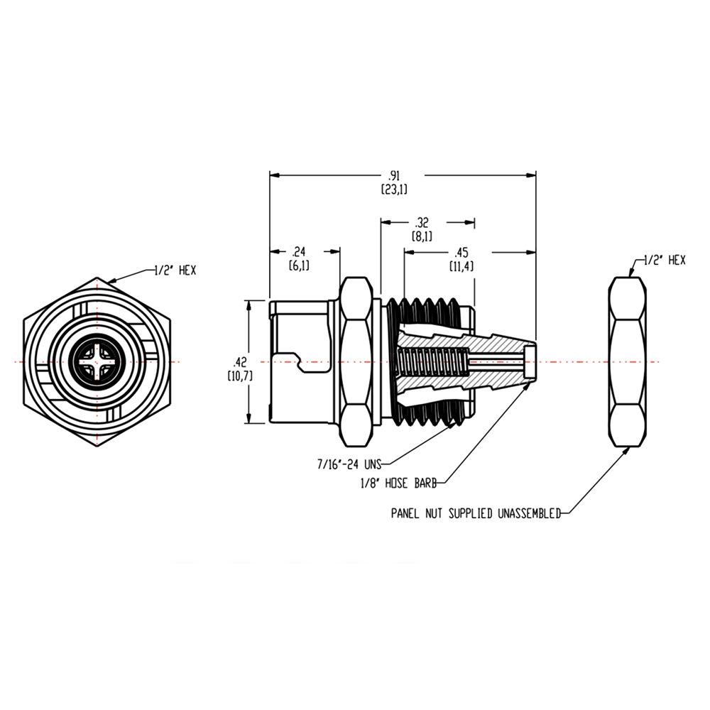 1/8" Hose Barb SMC Series Subminiature Acetal Black Panel Mount Coupling Body - Shutoff (Insert Sold Separately)