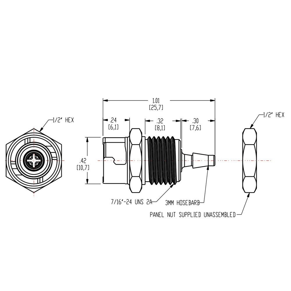 3mm Hose Barb SMC Series Subminiature Black Acetal Metric Panel Mount Coupling Body - Shutoff (Insert Sold Separately)