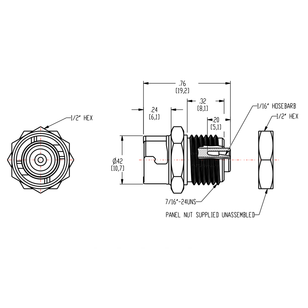 1/16" Hose Barb SMC Series Subminiature Polypropylene Panel Mount Coupling Body - Straight Thru (Insert Sold Separately)