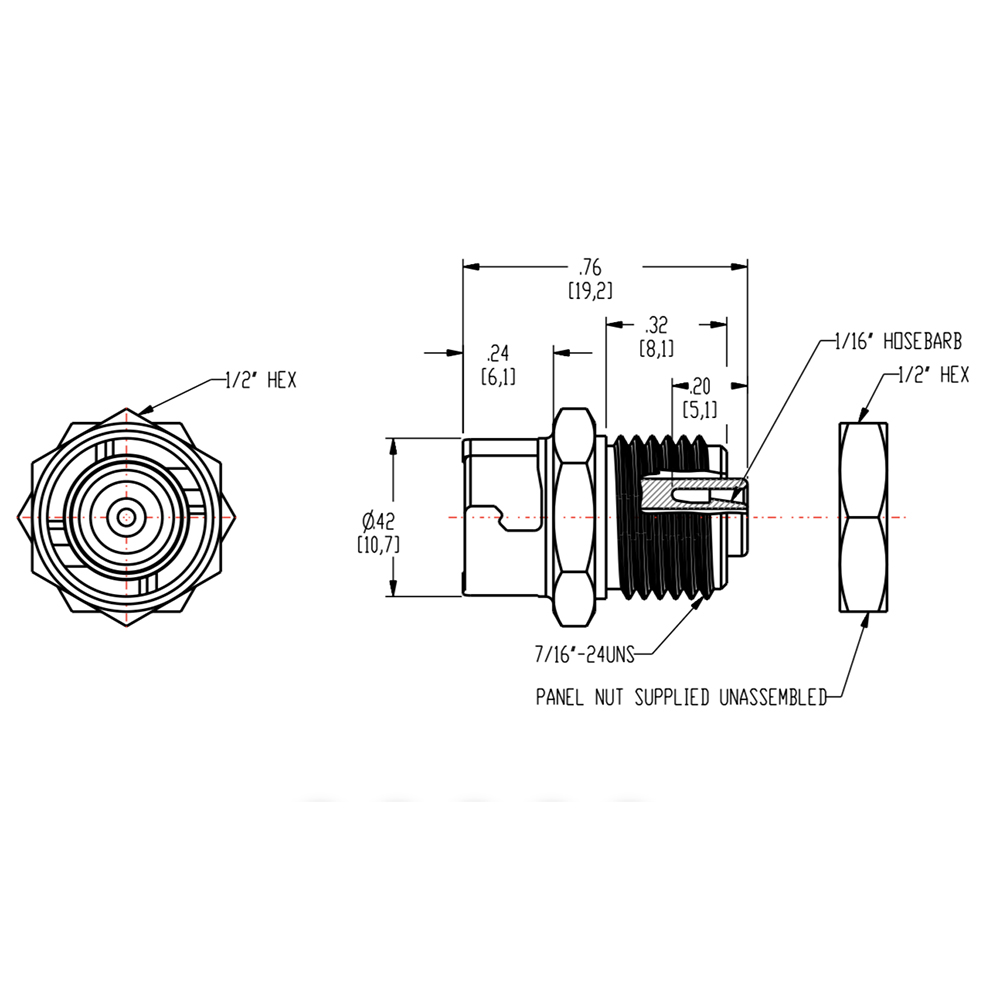 1/8" Hose Barb SMC Series Subminiature Polypropylene Panel Mount Coupling Body - Straight Thru (Insert Sold Separately)