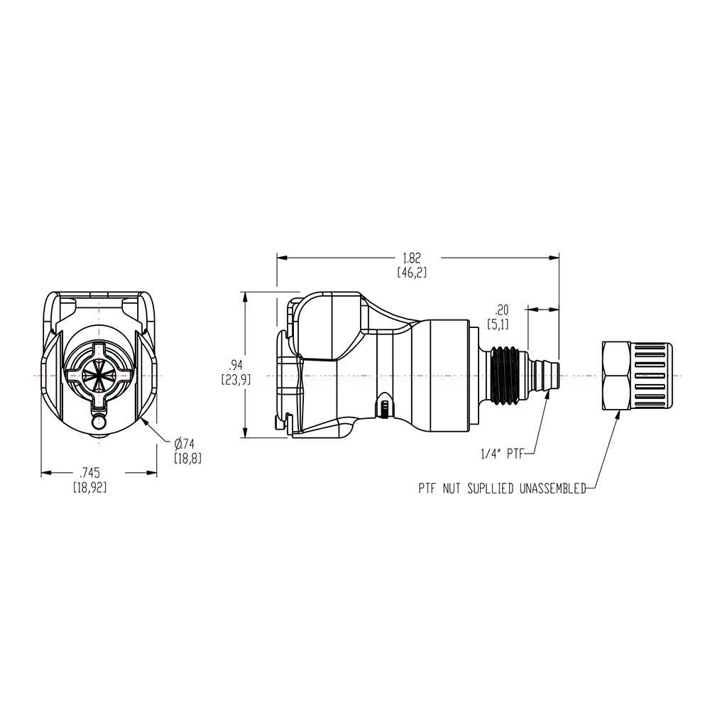 1/4" In-Line Ferruleless PTF PLC Series Acetal Body - Straight Thru (Insert Sold Separately)