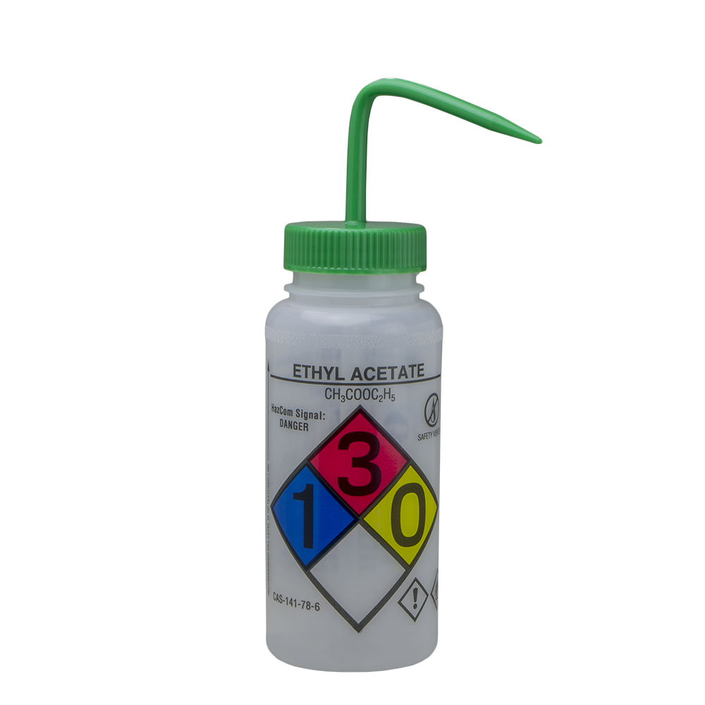 500mL Ethyl Acetate GHS Labeled Right-to-Know, Vented Wash Bottle with Green Dispensing Nozzle