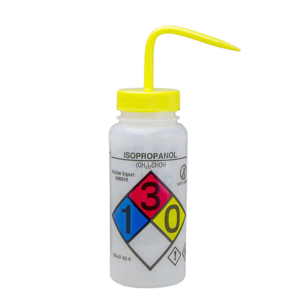 500mL Isopropanol GHS Labeled Right-to-Know, Vented Wash Bottle with Yellow Dispensing Nozzle