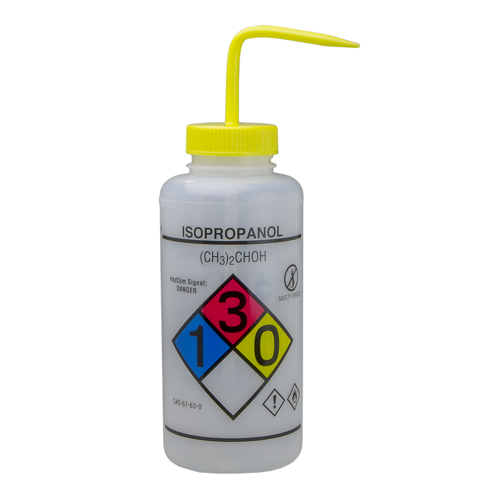 1000mL Isopropanol GHS Labeled Right-to-Know, Vented Wash Bottle with Yellow Dispensing Nozzle