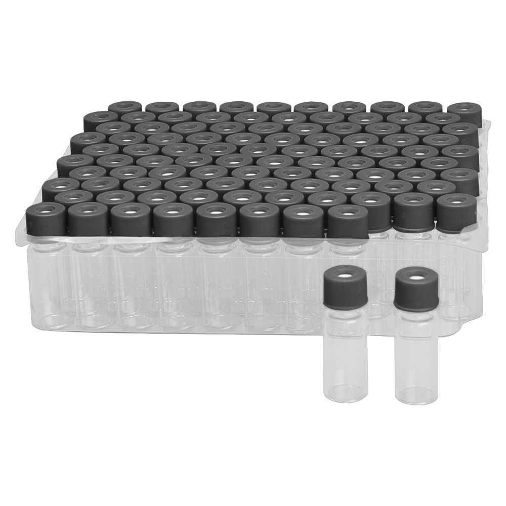12mm Dia. x 32mm Hgt. Clear Standard Opening Crimp Top Vials with Black Cap & Red PTFE/Silicone/PTFE Septa - Package of 100
