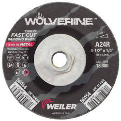 4-1/2" Dia. x 1/4" Thickness x 5/8"-11 Hub Weiler ® Wolverine™ Grinding Wheel - Type 27