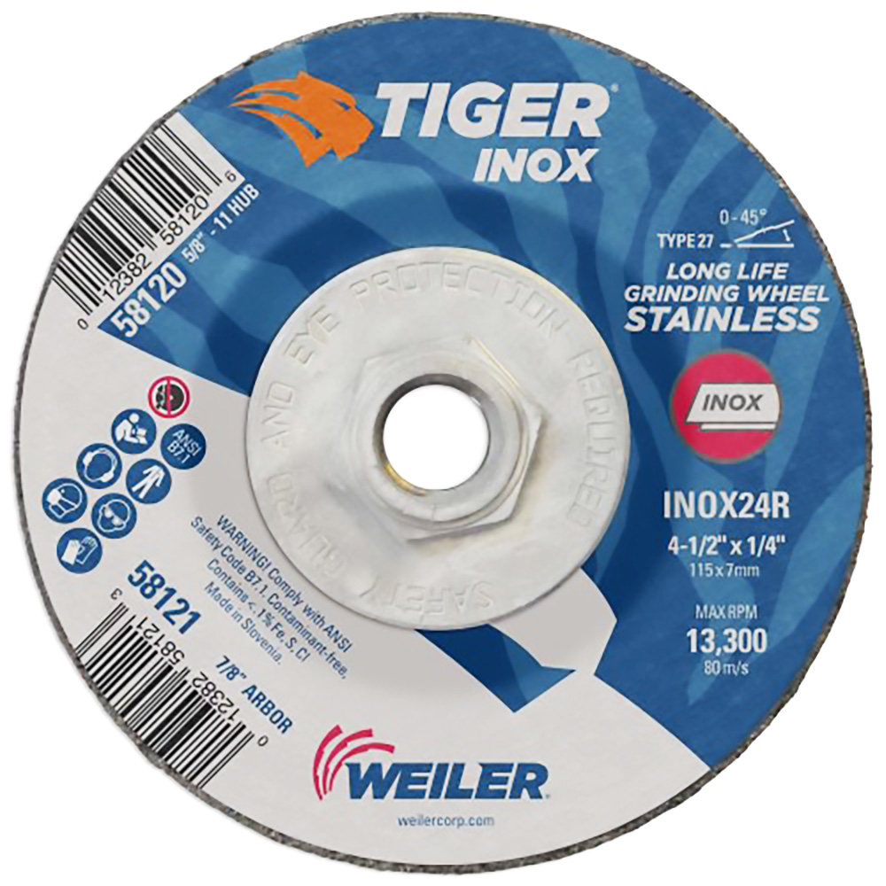 4-1/2" Dia. x 1/4" Thickness x 5/8"-11 Hub Weiler® Tiger® Inox Grinding Wheel - Type 27